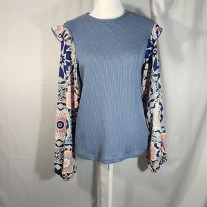 Women's Blue Patterned Sleeve Top